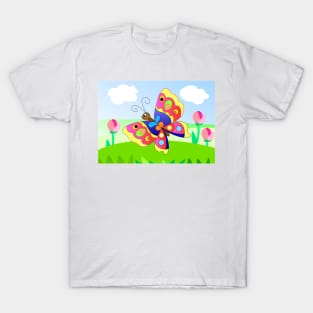 cartoon bright butterfly and flowers T-Shirt